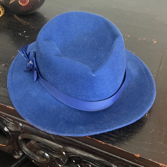 Vintage Lancaster Royal Blue Wool Fedora Hat Feather Accent Made USA Size M - Picture 5 of 12